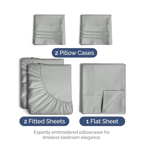 Image of Split King Size 5 Piece Sheet Set - Ultra Soft & Cooling - Light Slate Grey | Fits 8 Inch to 16 inch Mattress, Wrinkle Free & Fade Resistant with Deep Pockets, Breathable, Comfy Hotel Luxury Bedding