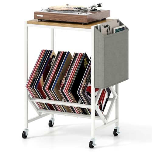 GIANTEX Record Player Stand, Rolling 2-Tier Turntable Stand with Storage Shelf Up to 130 Albums, Record Player Table w/Metal Frame & Magazine Holder, Vinyl Record Storage for Living Room, White