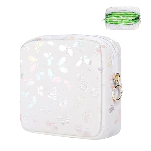 Image of Likesing Period Bag Pouch, Leather Sanitary Napkin Storage Bag for Girls Womens, Portable Sanitary Napkin Period Pad Pouch Bag for Purse, Small Make Up Bags(White Butterflies)