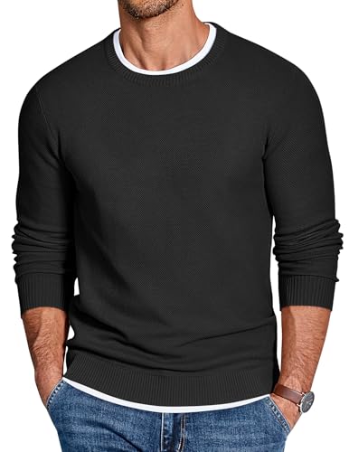 COOFANDY Mens Crewneck Sweater Slim Fit Lightweight Knit Pullover Casual Dress Crew Neck Pullover Sweaters Black
