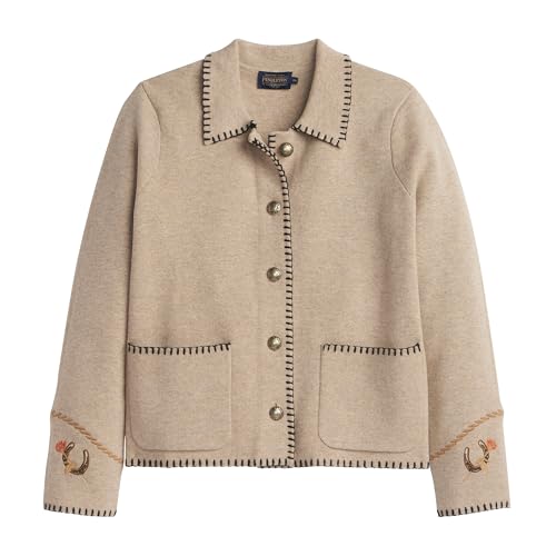 Pendleton Womens Western Souvenir Cardigan Cotton Wool Sweater Dry Clean and Handcrafted Appliqus - Natural