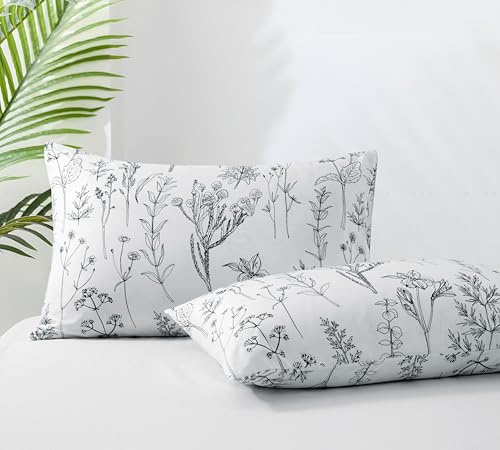 Queen Pillow Cases Set of 2, 20x30 Envelope Closure Pillowcase Plant Patterns Pillow Cases, Soft Breathable and Non Shrinking White Pillow Cases Microfiber Brushed Pillowcases