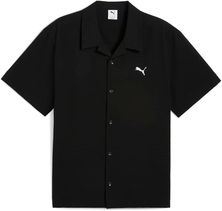 PUMA Mens Wardrobe Essentials Seersucker Relaxed Short Sleeve Button Up Shirt Casual Tops Casual - Black