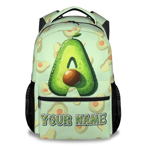 Personalised Avocado Backpack for Kids - 17 Inch School Rucksack with Custom Name & Initials, Cute Fruit Bookbag for Primary & Secondary Students