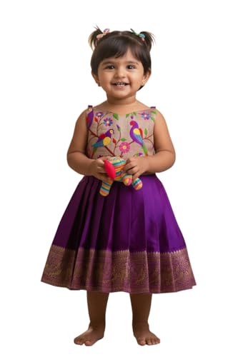 Image of South Indian Traditional Pattu Pavadai Jacquard Frock Dress for Baby Girls