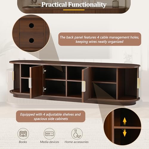 Merax Fluted Wooden TV Stand for TVs up to 75", Farmhouse Entertainment Center with Sliding Door, Curved Media Console with Adjustable Shelves, Modern Television Cabinet for Living Room, Walnut - Image 5