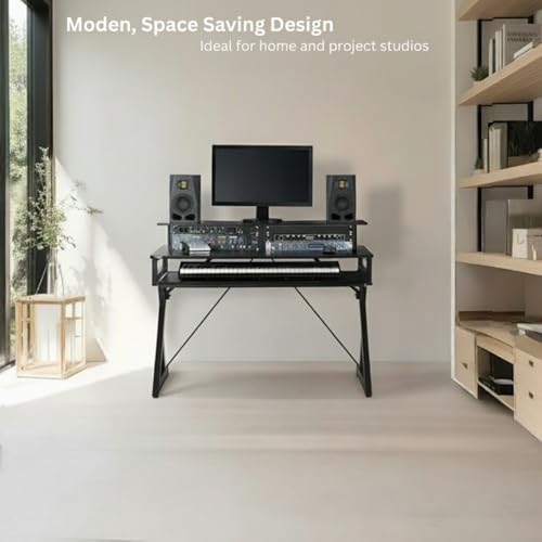 Image of TEKAVO Banin Studio Table for Music Production | with Monitor Riser + Long Keyboard Tray | Desk for Editing Studio, Gaming, Workstation | 120 cm X 60 cm