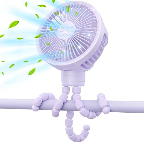 Image of GUSGU Stroller Fan Clip on for Baby, Flexible Tripod & Rechargeable Battery, Small Personal Fan, Mini Portable Fan for Travel, Handheld, Car (Purple)