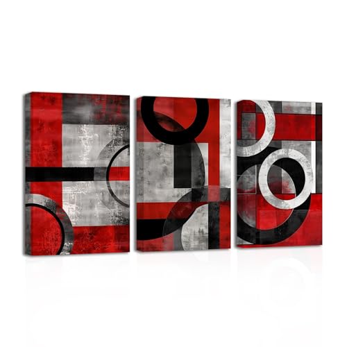 SWQYLB Black and Red Wall Art 3 Piece Abstract Line Black Gray Red Canvas Prints Minimalist Painting Modern Geometric Artwork for Office Decor Frame (12.00" x 16.00" x 3PCS)