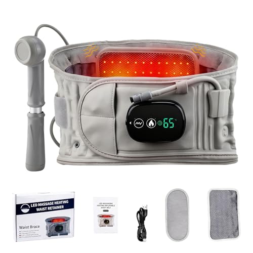 Cinturón de masaje de compresión con calor de luz roja, cinturón 3 en 1 para el cuidado de la espalda con tracción lumbar inflable, 3 modos de calentamiento y masaje, para reducir la presión y aliviar