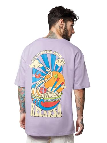 Image of The Souled Store TSS Originals: Relaksa Mens and Boys Half Sleeves Cotton Lavender Color Men Oversized T-Shirts