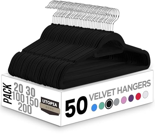 Utopia Home Premium Velvet Hangers 50 Pack - Non-Slip Clothes Hanger with Tie Bar - Black Hangers with 360 Degree Rotatable Hook - Heavy Duty Coat Hanger