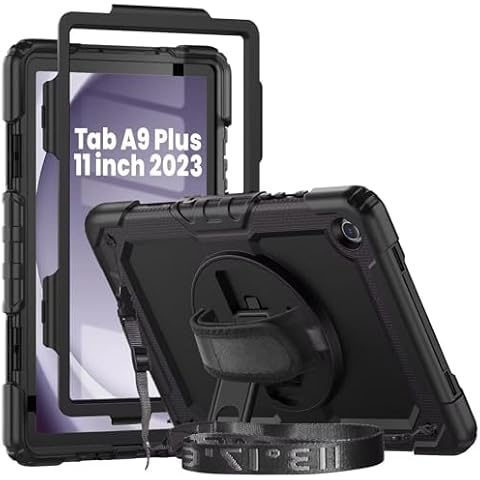 Herize Case Compatible with Galaxy Tab A9+ Plus 11 Inch Model SM-X210/X216/X218 with Screen Protector Pen Holder Stand Shoulder Strap Handle Grip | Black Cover