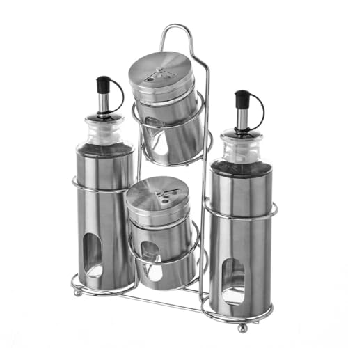 HowHomely | Ensemble d'épices et d'huile en verre en acier inoxydable, bouteilles d'huile de vinaigre 175 ml, salière poivrière 100 ml, support en métal, ensemble d'épices de cuisine