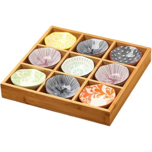 小皿セット Tufduzo 盛り鉢 9点セット 陶器製仕切り付き竹トレイ 和風 前菜皿 深型 醤油皿 小鉢 和風食器 天然木 陶器 鍋 焼肉 寿司 食洗機対応 キッチン用品 (a,a)