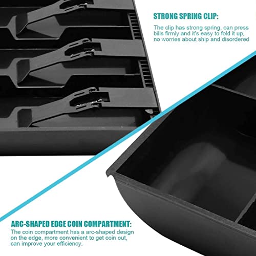 Image of Cash Drawer Insert Tray with 5 Bill Compartments and 4 Coin Sections, Plastic Currency Organizer with Spring Clips, Black
