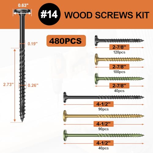 Image of #14 Heavy-Duty Wood Screws Assortment Kit, 480Pcs Star Drive Decking Wood Screws, Rust Resistant Timber Screws for Log /Landscaping Wood (2-7 /8 inch,4-1 /2 inch) Black, Tan, Green