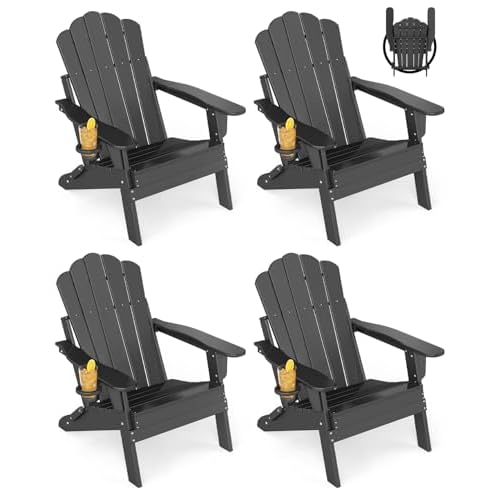 GREENVINES Oversized-Folding-Adirondack-Chairs-Set-of-4 | HDPE Plastic | Cup Holder | Fire Pit Chair | All Weather | for Outdoor Deck Backyard | Black