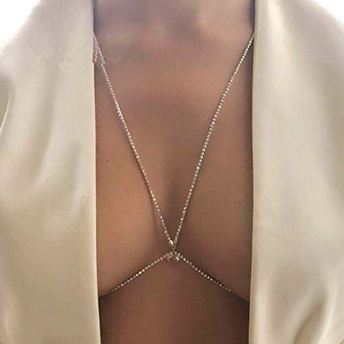 Diamond Chest Chain Bra Sparkly Rhinestone Body Chain Crystal Bikini Chest Jewelry Woman Sexy Nightclub Clothing (Silver)