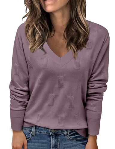 Buauty Womens Fashion V Neck Long Sleeve Knitted Ribbed Pullover Sweaters Casual Lightweight Loose Fit Jumper Tops