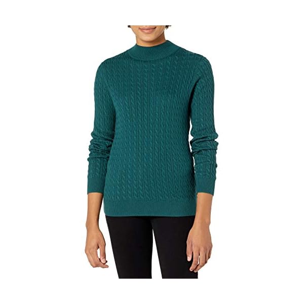 Amazon-Essentials-Womens-Classic-fit-Lightweight-Cable-Long-sleeve-Mockneck-Sweater Amazon Essentials Women's Classic-Fit Lightweight Cable Long-Sleeve Mock Neck Sweater, Forest Green, Medium