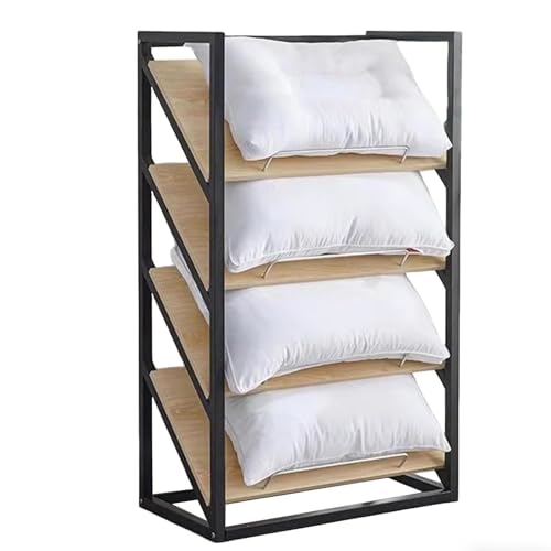 4-Tier Industrial Pillow Rack Floor Standing, Metal & Wood Pillow Display Stand, Space-Saving Blanket Storage Organizer Cushion Holder, for Retail/Bedroom/Closet/School/Hotel