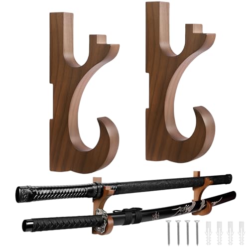 EZVYAO Sword Wall Mount Holder 2-Tier Walnut Wood Katana Hangers Adjustable Display for Samurai Wakizashi Cosplay Sword Weapon Rack Brown