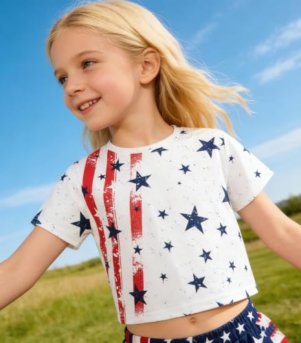 Image of Tkria Girl Crop Tops July 4th Crewneck Tshirt American Flag Patriotic USA Flag Girls Outfit Clothes Size 6-14