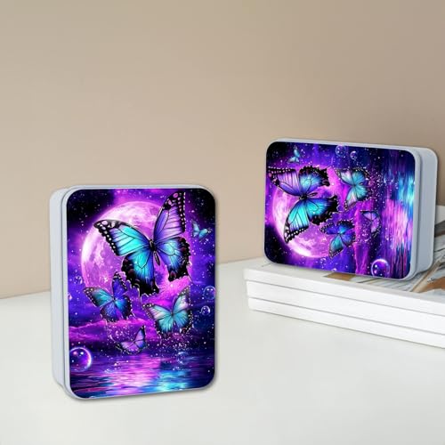 Image of Metal Tin Box with Lid for Game Cards Home Organizer Candles Keys Crafts Storage - Equipped with 4 Magnetic Cord Clips,Purple Moon Blue Butterfly