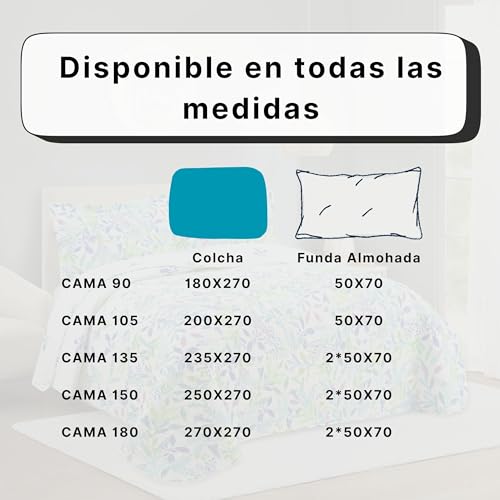 Colcha Boutí Cama 90 (180x270) Estampada para Verano y Entretiempo - Algodón y Poliéster - Cubrecama Ligero y Transpirable con 1 Funda de Almohada (50x70) – Acabado en Punta Redonda (Ankara) - imagen 7
