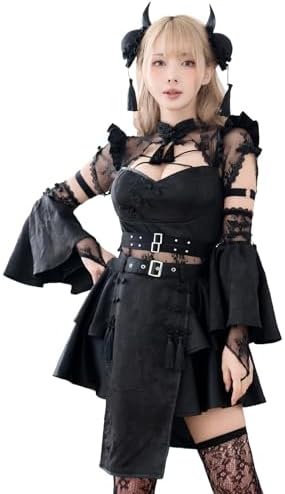 [Malymoon] コスプレ チャイナドレス 中国 和装 ヴィラン 黒 シスル 前掛け レース セットアップ スカート 衣装 仮装 マリームーン 8点セット CS-25-10356 CS-25-10357 詳細画像1