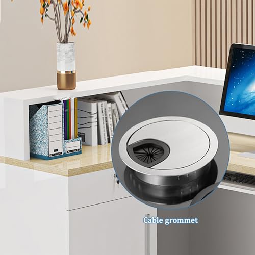 Elegante scrivania moderna a forma di L con cassetto chiudibile a chiave, elegante tavolo da ufficio per ingresso, soluzione di archiviazione per negozi e mobili per aziende
