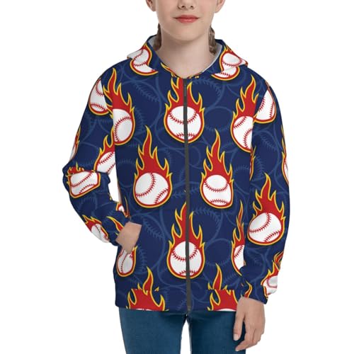 Baseball Ball and Flames Kids Pullover Hoodies Boys Zip Up Sweatshirts Girls Athletic Clothes with Pocket3