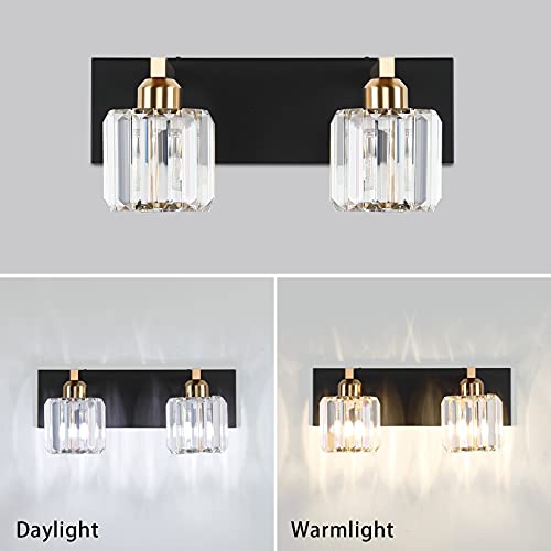 Image of Aipsun Vanity Lighting Fixtures for Bathroom Matte Black Vanity Lights Fixtures Crystal 2 Lights Wall Light Fixture Over Mirror(Exclude Bulb)