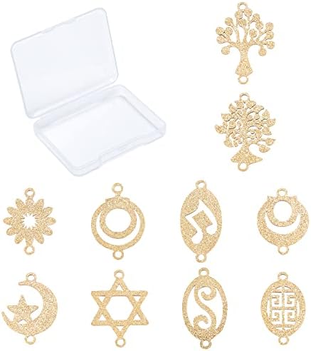 SUNNYCLUE 1 Box 10 Styles Stainless Steel Connector Charms Hollow Tree of Life Star Moon Flower Oval Hexagram Metal Links Flatback for Jewelry Making Charms Bracelets Necklaces Supplies, Golden