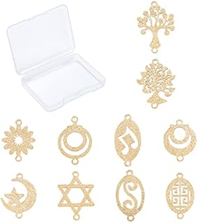 SUNNYCLUE 1 Box 10 Styles Stainless Steel Connector Charms Hollow Tree of Life Star Moon Flower Oval Hexagram Metal Links Flatback for Jewelry Making Charms Bracelets Necklaces Supplies, Golden