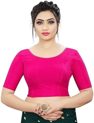 Round Neck Dobby Cotton Lycra Stretchable Elbow Sleeve Readymade Saree Blouse for Women Stylish (Rani, 30-36)