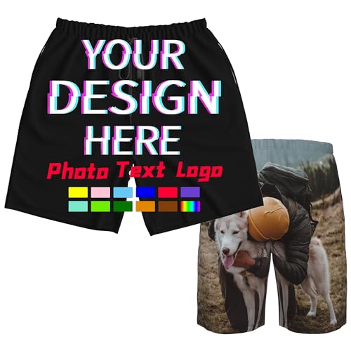 Custom Men's Fun Shorts Personalized Beach Shorts Add Your Own Photo Text Logo Customized Quick Dry Swim Trunks for Running Surfing Daily Outfit Black