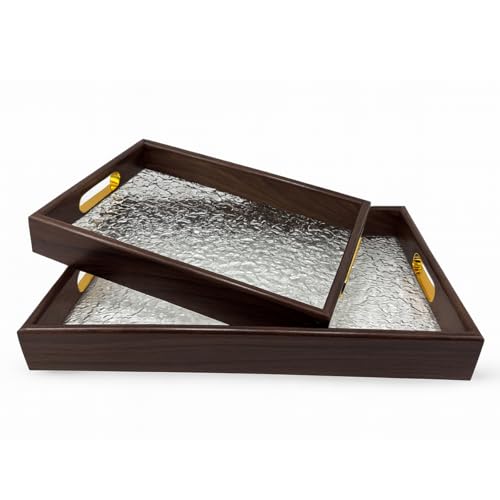 2-Piece Wooden Serving Tray Set with Textured Glass Base â�
