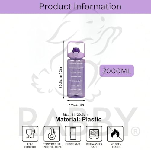 Image of RABBY 2L Motivational Water Bottle for Kids & School Use | Time Marker, BPA-Free, Leakproof Straw Lid, Carry Strap | Plastic Water Bottle for Travel, Sports, Gym, Office (Purple 1Pcs)
