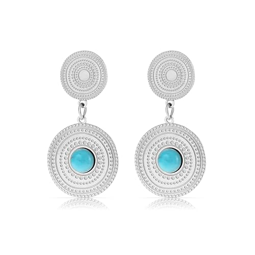 Made by Nami Vintage Ohrstecker Set mit Türkisem Stein aus chirurgischem Edelstahl Boho Schmuck Damen Statement Ohrringe Hängend Wasserfester Schmuck Geschenk für Sie (Silber)