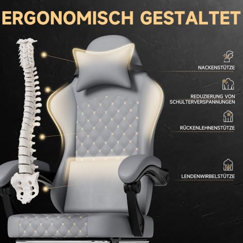 Krzesło gamingowe ze skóry PCW z funkcją masażu i podnóżkiem – ergonomiczne krzesło PC z regulowanym oparciem i synchronicznymi podłokietnikami – krzesło biurowe do 150 kg – ciemnoszare