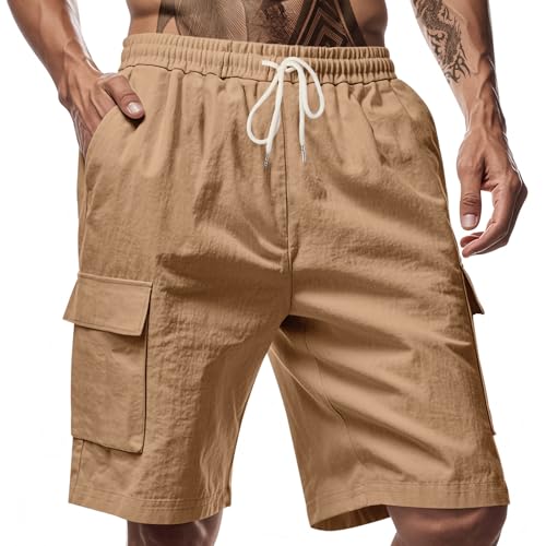 Cargo Shorts for Men High Waisted Solid Color Side Pocket Drawstring Beach Work Sport Shorts
