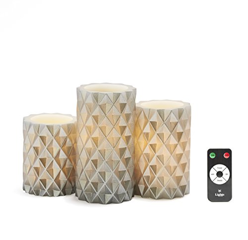 Silver Flameless LED Candles - Set of 3 Geometric Pattern Pillars, Real Wax, Warm White Lights, Remote & Batteries Included