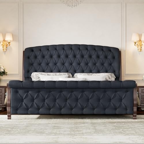Image of AMERLIFE Upholstered Queen Bed Frame, 53 inch Tall Sleigh Bed with Button Tufted Chenille Headboard and Footboard, Platform Bed with Carved Solid Wood Legs, No Box Spring Needed, Black