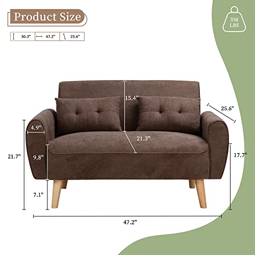 Vongrasig 47" Small Modern Loveseat Sofa, Mid Century Linen Fabric 2-Seat Sofa Couch Tufted Love Seat With Back Cushions And Tapered Wood Legs For Living Room, Bedroom And Small Space (Brown) #TOP1