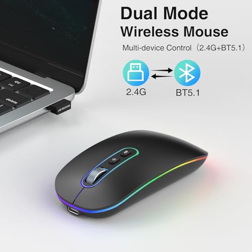 cimetech Dual Mode (BT 5.1+2.4G) Wireless Mouse for Laptop, 1200 DPI Portable Lightweight Rechargeable Mouse with LED Lights, Compatible with Mac... - Image 4