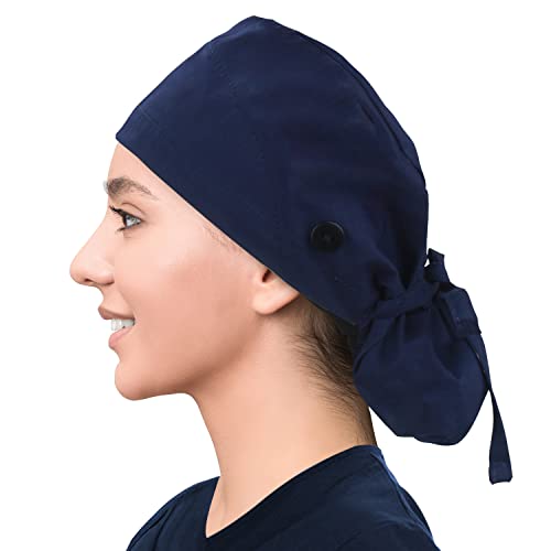 Satin Lined Scrub Cap for Women, Bouffant Nurse Cap with Sweatband and Buttons, Adjustable Surgical Hat for Curly Hair, Braids, Long Hair and Buns, Navy