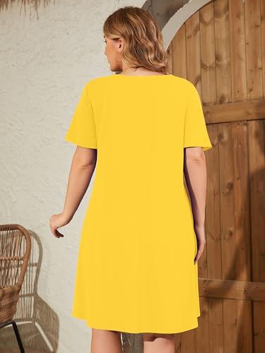Image of AusLook Plus Size Midi Dress for Women V Neck Short Sleeve Summer Casual Loose Fit Vacation Sundress with Pockets 1X-5X