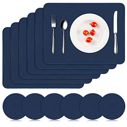 APLKER Lot de 12 Sets de Table Lavable, 6 Pièces Sets de Tables et 6 Pièces Dessous de Verres PVC Set de Table, Antidérapant Imperméables Résistant à la Chaleur, 41 x 31 cm, Bleu foncé